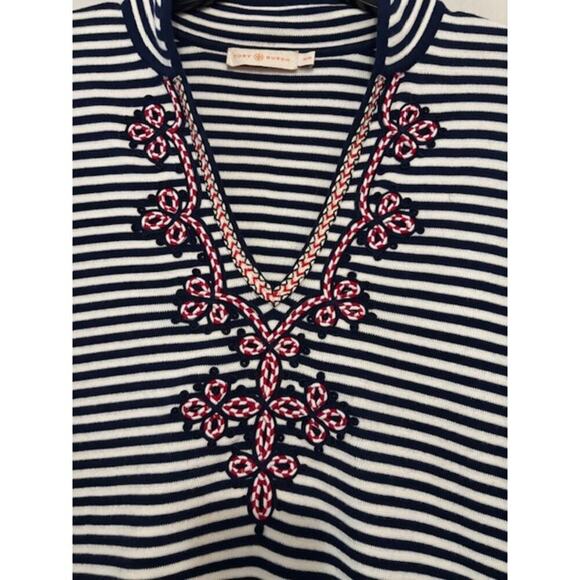 Tory Burch Nautical Resort Blue White Striped Cotton Tunic Medium Preppy Beach - Picture 7 of 8